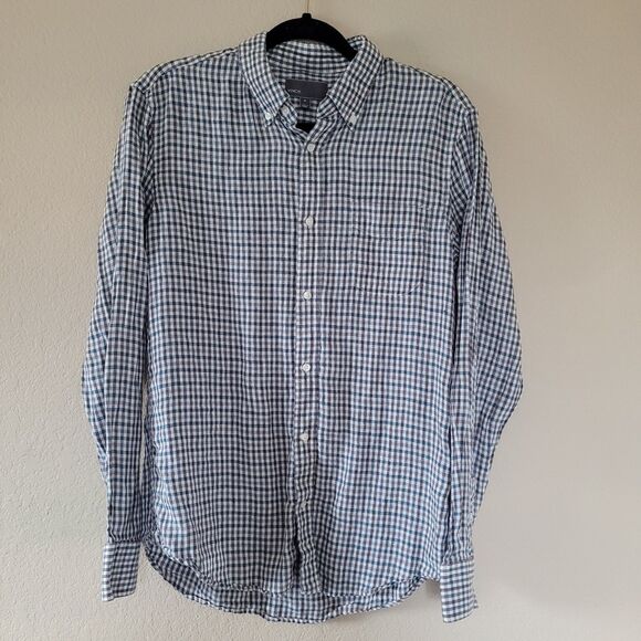 Vince 100% Linen Tattersall Button Front Shirt Mens Med Long Sleeve Lightweight - Picture 1 of 5